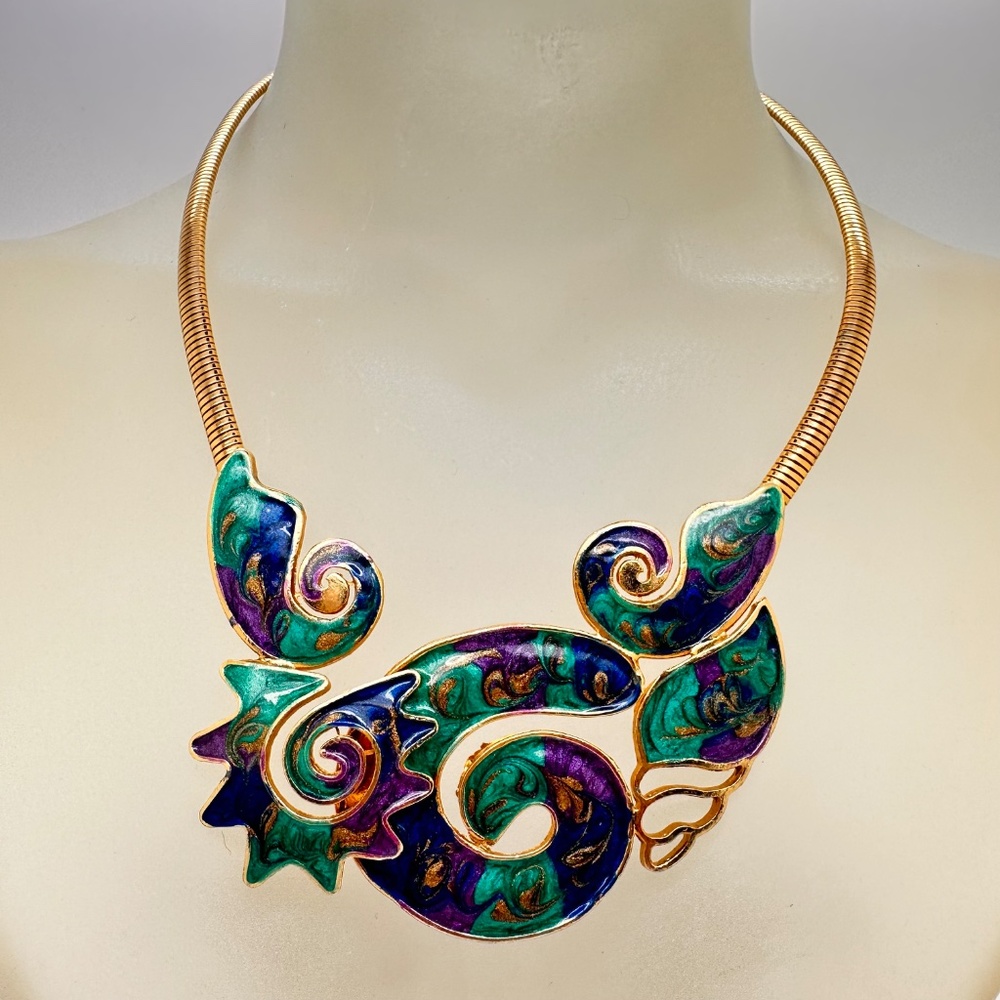 Vintage Abstract Swirls Purple Green Blue Enamel Choker Snake Chain Necklace
